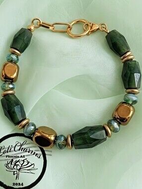 Large Natural Green Jade Barrel, Picasso Beads & Gold Nugget Bead Bracelet